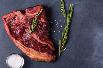 Fresh raw t-bone steak on dark background
