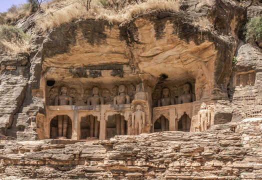 Jain sculptures at the western gate to fort Gwalior, India