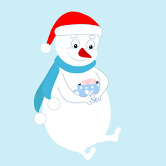 Cheerful funny snowman sits and holds a cup with hot chocolate and marshmallows. Cartoon winter character. Picture for Christmas cards, Christmas balls and holiday decor. The mood of joy and fun.