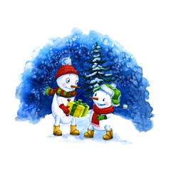  Tow snowman with christmas tree and gifts. Watercolor illustration, isolated on white background.