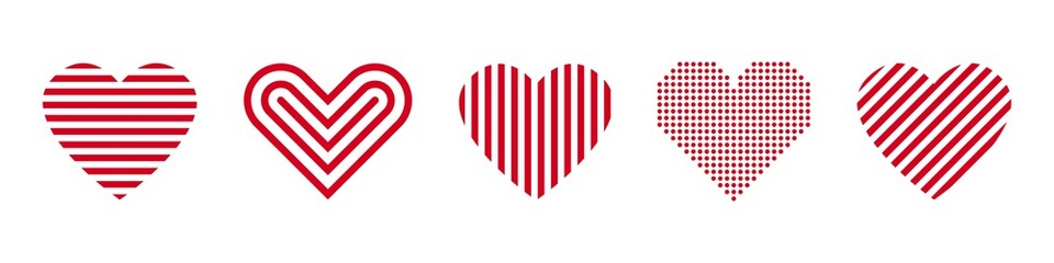 Red heart linear icons. Vector isolated set of line heart set. Love symbol elements. Stock vector.