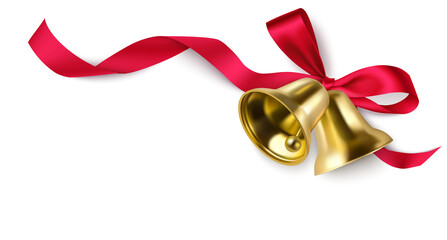 Decorative red bow with swirl ribbon and Christmas golden bells on the corner of page isolated on white. New year background. Vector illustration - 392065151