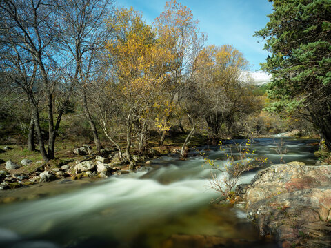 River with silky water in autumn morning