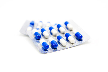 Blister packs of pills isolated on white background. Tablets in packaging.