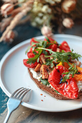 Appetizing bruschetta on a white plate. restaurant server