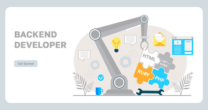 Web developer workplace concept vector for landing page. Construction of website and writes code. Software engineering in digital or AI technology.