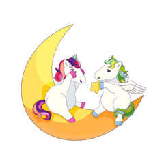 Cute Pegasus preparing a star as a gift for Unicorn in Cartoon style, vector Pegasus and Unicorn on white isolated background, concept of Friendship and Love, Magical horses and Fairytales.