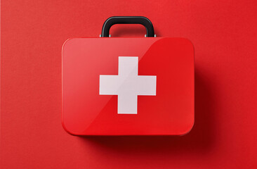 First aid kit on red background