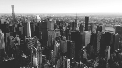 black and white view of Manhattan buildings in New York City, USA.