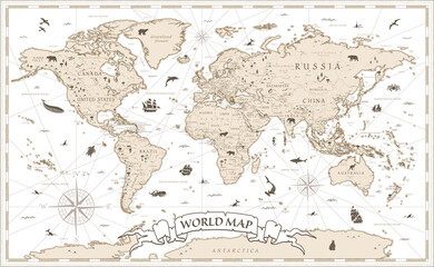 Fototapeta na wymiar World Map Vintage Cartoon Detailed - with layaers