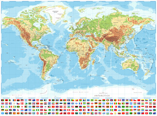 World Map and Flags - Physical Topographic -  Detailed Illustration © Porcupen