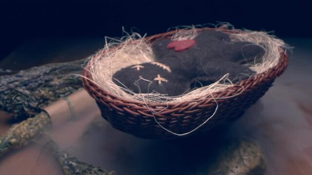 extreme close-up, detailed. Voodoo doll figurine made of felt in thick white smoke. black magic.