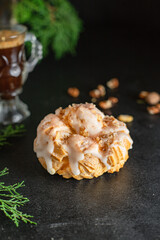 choux pastry creamy filling mascarpone, vanilla cream home baked cake eclair shu sweet dessert on the table serving healthy meal snack ingredient top view copy space for text food background