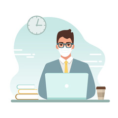 Man in a medical mask working on a laptop. Businessman. Protection of staff in the office in an epidemic. Vector illustration design isolated on white background.