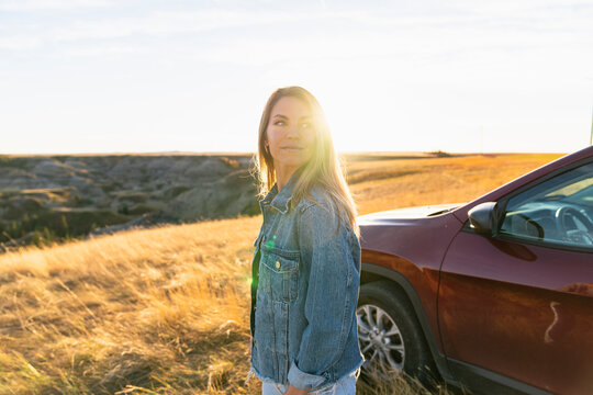 Female in Denim Enjoying Country Sunset in Rural Alberta