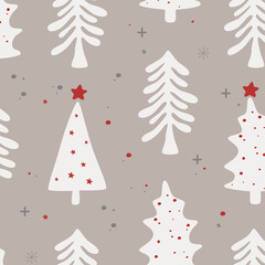 Seamless Christmas background with decorative Christmas trees. Vector illustration.