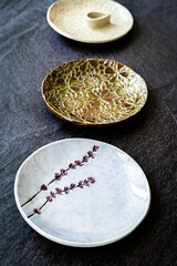 Handmade Ceramic Plates and Trays. Handcrafted with Traditional Ottoman Pattern on Dark Surface and Backround / Handicraft.