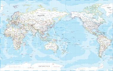 World Map - Pacific View - Asia China Center - Political Topographic -  Detailed Illustration