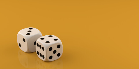 two white dices on yellow background. 3d rendering