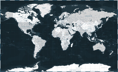 World Map - Dark Black Grayscale Political -  Detailed Illustration