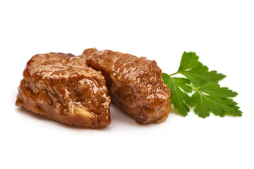 Pork stew with herbs, isolated on white background