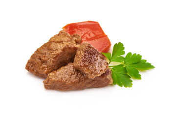 Stewed meat, traditional homemade goulash, isolated on white background
