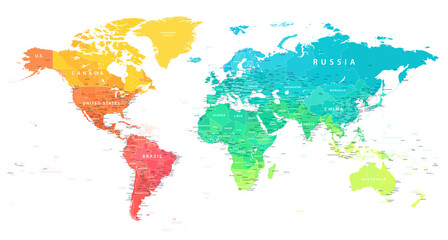 Fototapeta na wymiar World Map Color Bright Political - Detailed Illustration