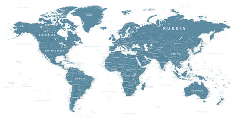 World Map Political -  illustration. Highly detailed map of the world: countries, cities, water...