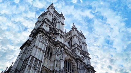 low angle view of Westminster Abbey in Westminster, London, England, UK - 392072789
