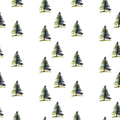 Seamless pattern illustration with green  pine trees isolated on white background - 392073137