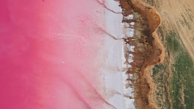 Aerial high angle drone view footage of Lemurian Lake, also called Pink Lake, Ukraine. The pink color results from red pigment secreted by microalgae in summer