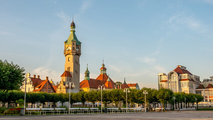 Beautiful architecture of Sopot with lighthouse at morning, Poland. September. © Kamil