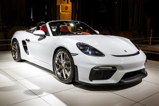Porsche 718 Spyder convertible sports car showcased at the Autosalon 2020 Motor Show. Brussels, Belgium - January 9, 2020.