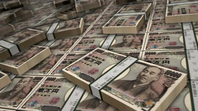 Japanese yen banknote bundle loop. JPY money stacks. Concept of crisis, banking, business, success, recession, economy, bank, debt and finance. Camera over cash packs. Loopable seamless 3d animation.