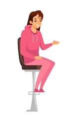 Young woman sitting and showing something. Happy smiling girl sitting on chair high up, talking, waiting and pointing with hand vector illustration. Female on white background