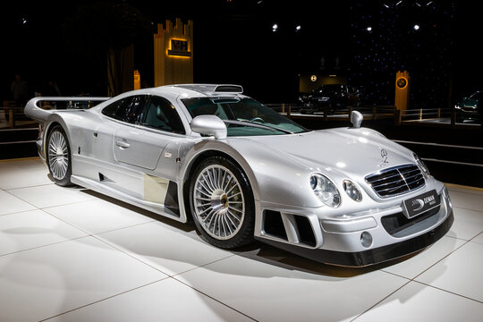 Mercedes-AMG CLK-GTR sports car showcased at the Autosalon 2020 Motor Show. Brussels, Belgium - January 9, 2020.
