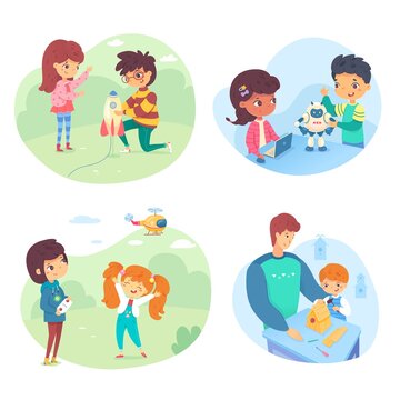 Kids playing games in school or garden illustration set. Weekend hobby activities vector. Boy and girl launching rocket, operating robot from laptop, flying helicopter, building birdhouse