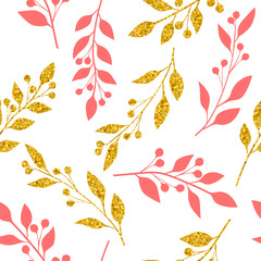 Seamless pattern golden and pink silhouette flowers vector illustration