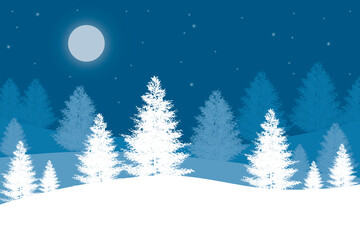 Christmas background with Christmas trees and full moon on a blue background.