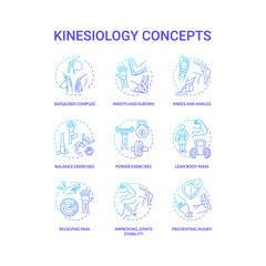 Kinesiology concept blue gradient icons set. Aerobics exercise. Sports workout. Human body movement. Health care idea thin line RGB color illustrations. Vector isolated outline drawings