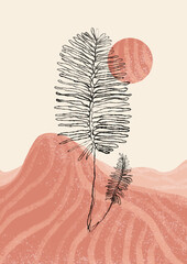 Abstrakter zeitgenössischer ästhetischer Hintergrund mit Bergen und Sonne. Einzeilige Pflanze auf Boho-Hintergrund. Boho-Wanddekoration. Moderner minimalistischer Druck der Mitte des Jahrhunderts. Neutrale geometrische Kunst. Organische Form. © DaisyArt