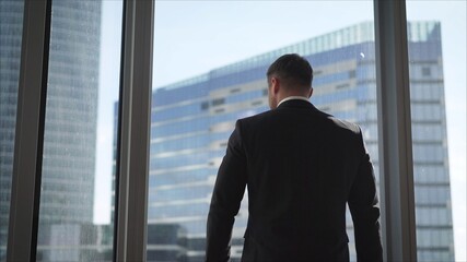 A successful businessman stands at a panaram window against the backdrop of skyscrapers. Mature successful businessman in a modern office building. A successful handsome businessman in a suit stands