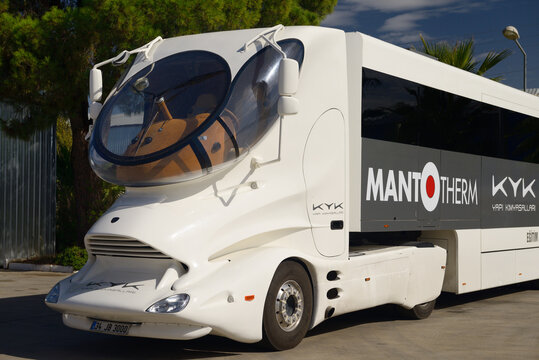Futuristic expandable KYK training tractor trailer at station in Aspendos, Turkey - November 8, 2012