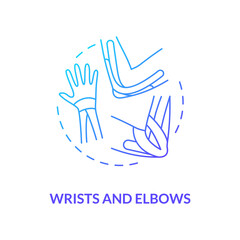 Wrists and elbows blue gradient concept icon. Hand muscle care. Physical treatment. Prevent injury. Kinesiology tape idea thin line illustration. Vector isolated outline RGB color drawing