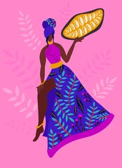 Chocolate collection, hand drawn vector illustration. Woman farmer holds a cocoa beans.