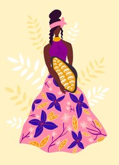 Chocolate collection, hand drawn vector illustration. Woman farmer holds a cocoa beans.