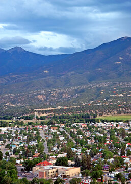 Salida Colorado - Aerial view of Salida Colorado on an overcast day, with mountain range in background. Chaffee County, Colorado