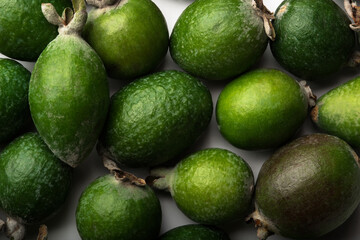 Tropical fruit feijoa (Acca sellowiana), isolated on a white background. Organic food. Organic food stock photo. Food stock photo.