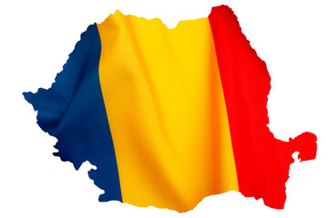 Romanian patriotism and national pride concept with silhouette of map of Romania in red, yellow and blue flag colours isolated on white background with clipping path cutout