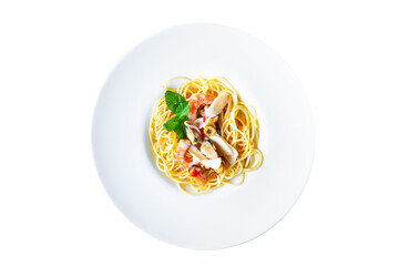 pasta spaghetti seafood shrimp, mussels, squid and more second course healthy meal snack top view copy space for text food background rustic